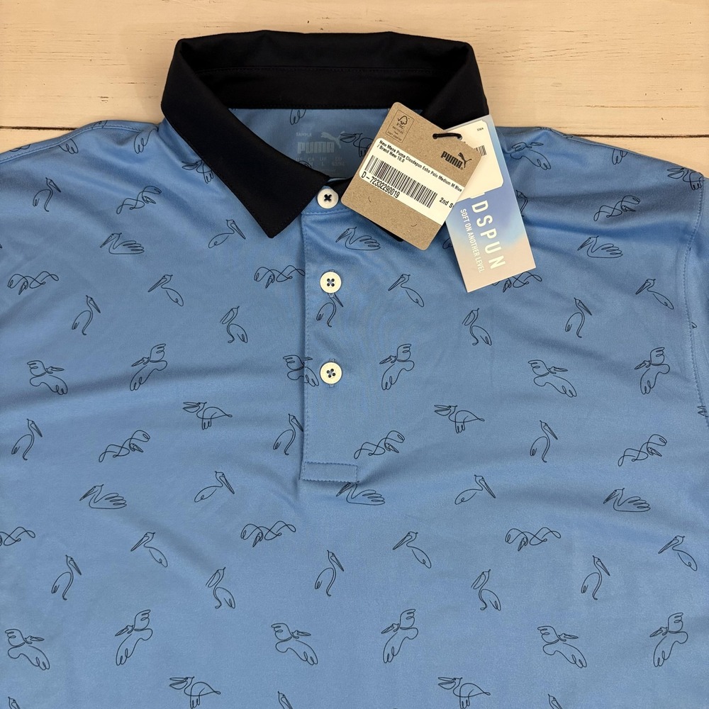 Puma Cloudspun Echo Polo Shirt Mens M Blue Pelican Print Golf Short Sleeve